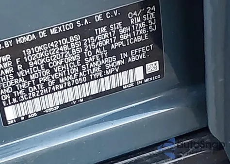 2024 Honda Hr-V Awd Ex-L/Awd Ex-L W/O Bsi z USA, uszkodzony, nr VIN 3CZRZ2H74RM787050